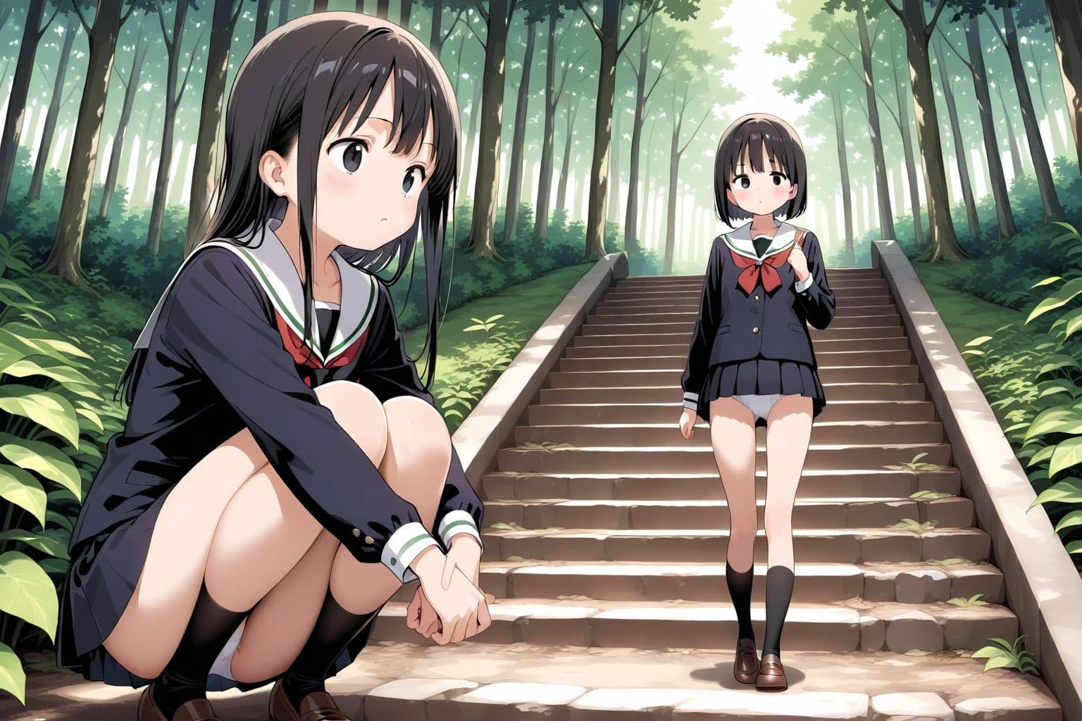 【59枚】女の子たちのミニスカ制服やパンティーやお尻をお好きなだけ観察できます♪今日は妄想の世界にあるエッチな街での学園見学日です♪街のいろいろな学園の校舎前にあるお庭の階段で、制服ミニスカート、オシリにくい込むパンツのパンチラをいっぱいごらんくださいね♪ サンプル4