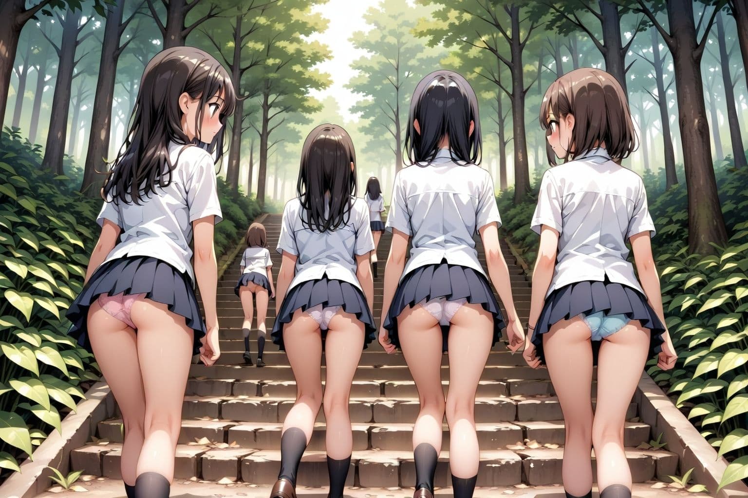 【59枚】女の子たちのミニスカ制服やパンティーやお尻をお好きなだけ観察できます♪今日は妄想の世界にあるエッチな街での学園見学日です♪街のいろいろな学園の校舎前にあるお庭の階段で、制服ミニスカート、オシリにくい込むパンツのパンチラをいっぱいごらんくださいね♪ サンプル6