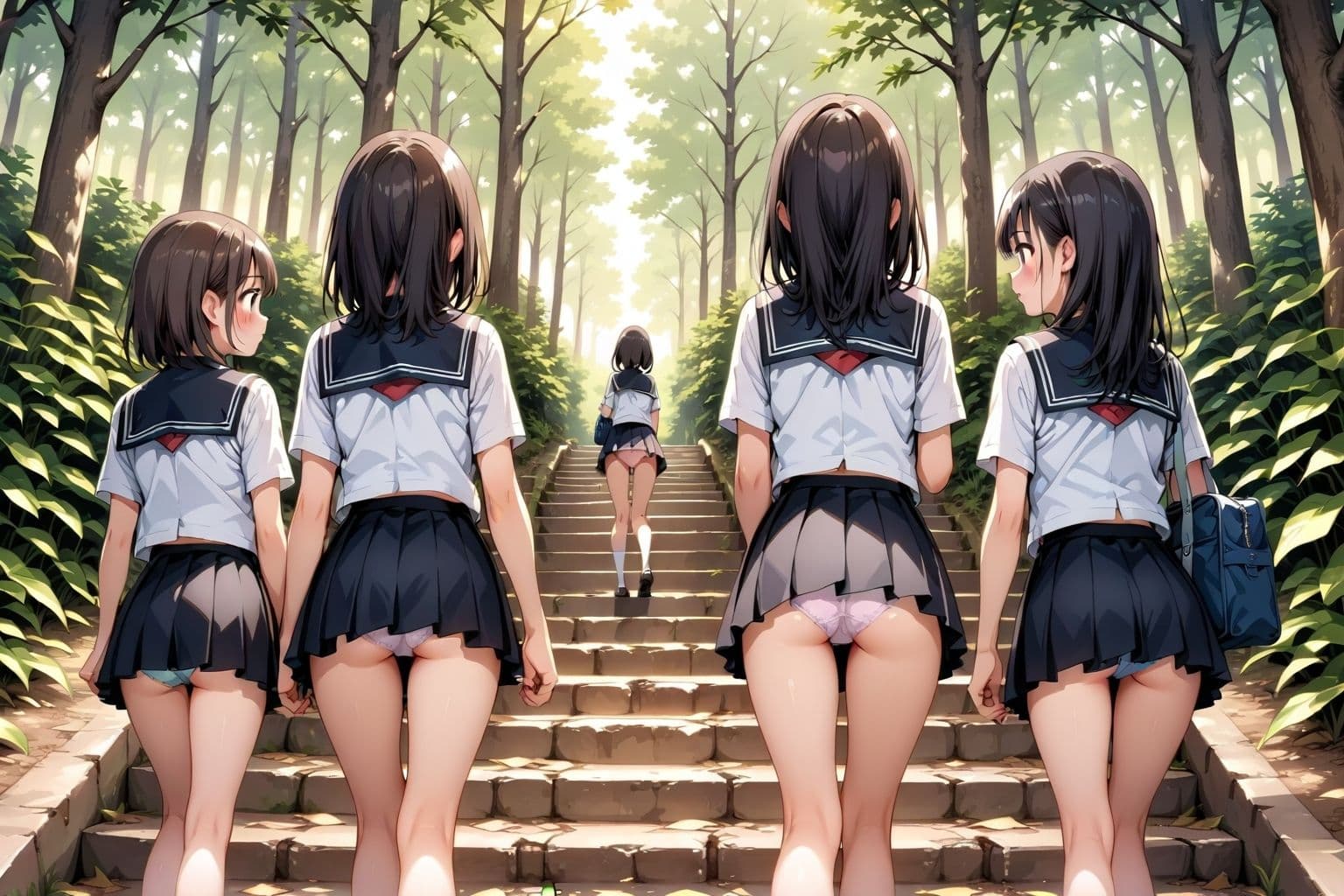 【59枚】女の子たちのミニスカ制服やパンティーやお尻をお好きなだけ観察できます♪今日は妄想の世界にあるエッチな街での学園見学日です♪街のいろいろな学園の校舎前にあるお庭の階段で、制服ミニスカート、オシリにくい込むパンツのパンチラをいっぱいごらんくださいね♪ サンプル10