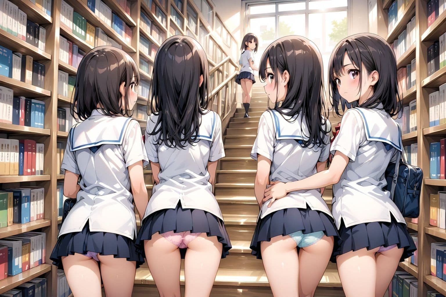 【アニメ2分、イラスト51枚】制服ミニスカ♪階段パンチラ♪本日は当女子学園の図書館開放日でございます♪本だけでなく、発育のよい女子学生たちのミニスカートのなかでムニュムニュ動くお尻や、ワレメにムチムチくい込む生パンツも、ごらんいただけます♪ サンプル3