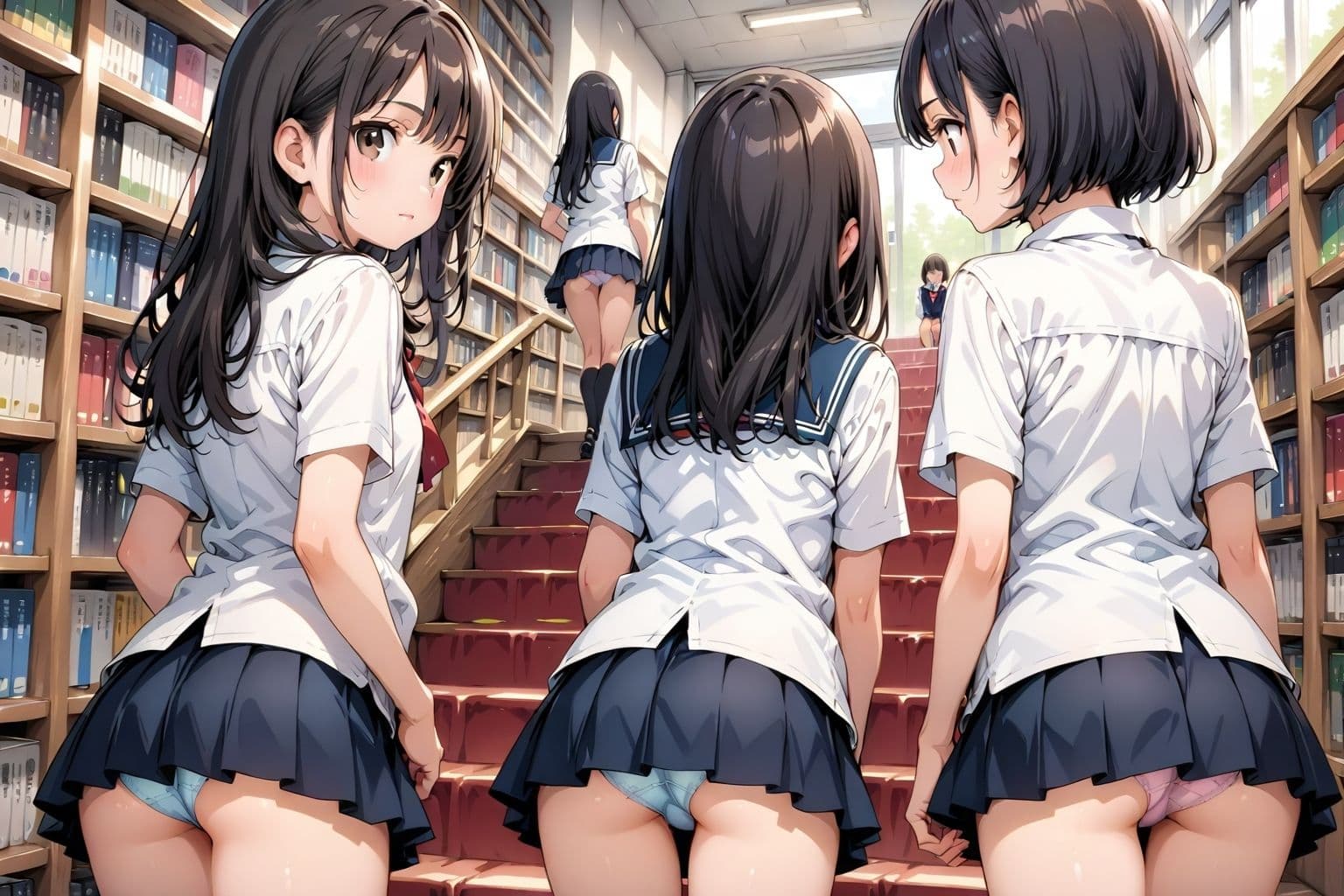 【アニメ2分、イラスト51枚】制服ミニスカ♪階段パンチラ♪本日は当女子学園の図書館開放日でございます♪本だけでなく、発育のよい女子学生たちのミニスカートのなかでムニュムニュ動くお尻や、ワレメにムチムチくい込む生パンツも、ごらんいただけます♪ サンプル8