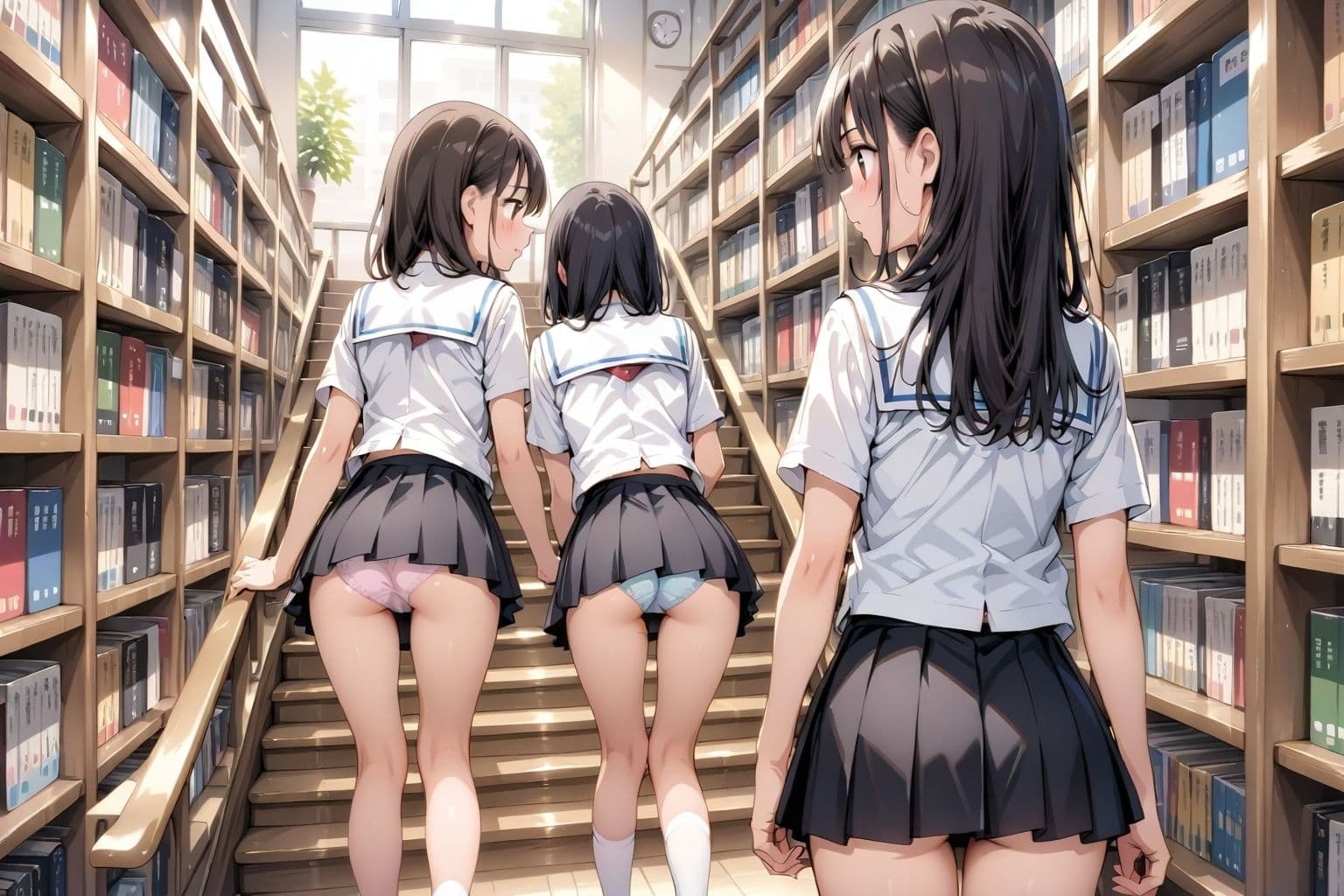 【アニメ2分、イラスト51枚】制服ミニスカ♪階段パンチラ♪本日は当女子学園の図書館開放日でございます♪本だけでなく、発育のよい女子学生たちのミニスカートのなかでムニュムニュ動くお尻や、ワレメにムチムチくい込む生パンツも、ごらんいただけます♪ サンプル9