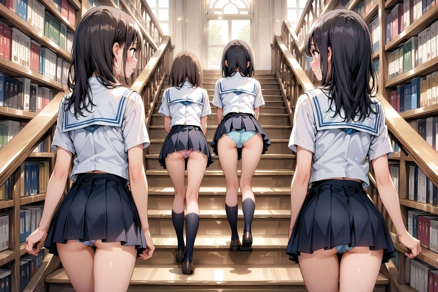 【アニメ2分、イラスト51枚】制服ミニスカ♪階段パンチラ♪本日は当女子学園の図書館開放日でございます♪本だけでなく、発育のよい女子学生たちのミニスカートのなかでムニュムニュ動くお尻や、ワレメにムチムチくい込む生パンツも、ごらんいただけます♪ サンプル10