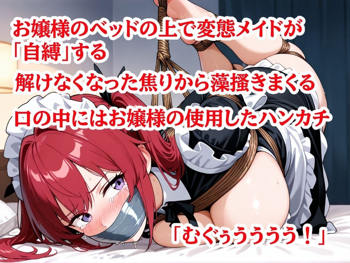 お嬢様のベッドで自縛 ハンカチを口いっぱいに詰め込んでダクトテープ猿轡 ほどこうとしたら解けず、半分吊られたままもがく変態メイド サンプル2